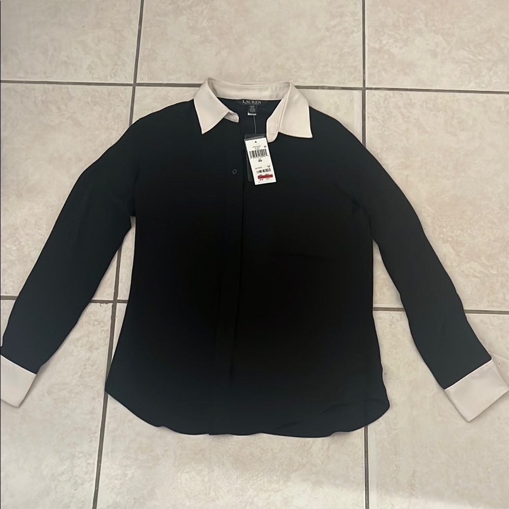 Ralph Lauren Black and White Notched Collar Button Down Shirt